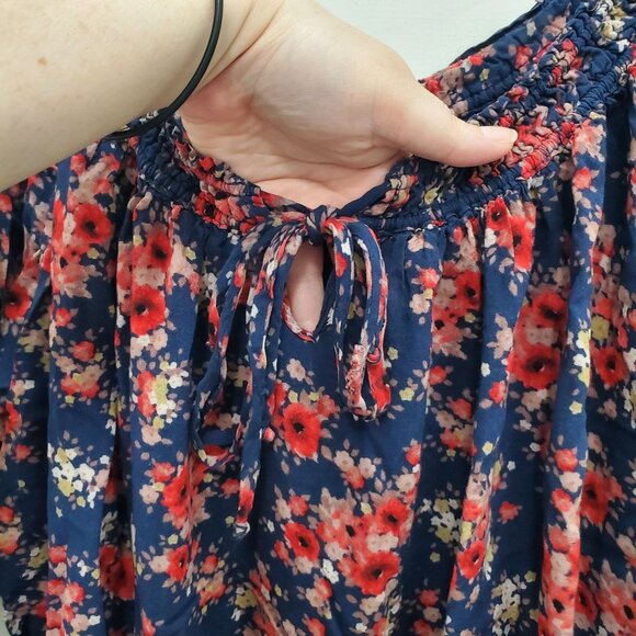 Pure‎ Energy Woman's Y2K Navy Red Floral Keyhole Neck Boho Peasant Top Plus Sz 2 - Picture 3 of 7